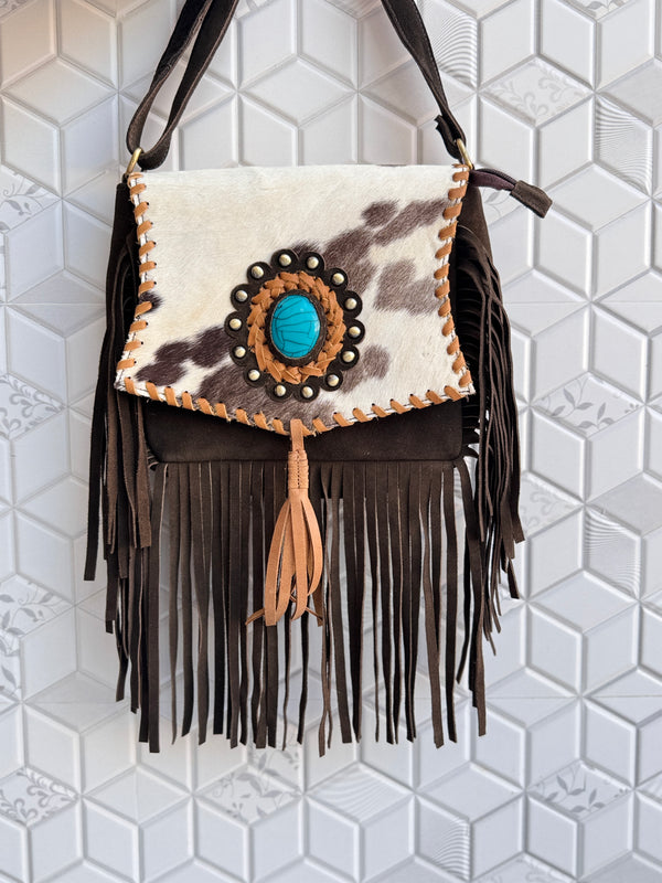 Suede Leather Fringe Handbag Western Hair On Hide Cross Body Gems Stone Women Sling Purse