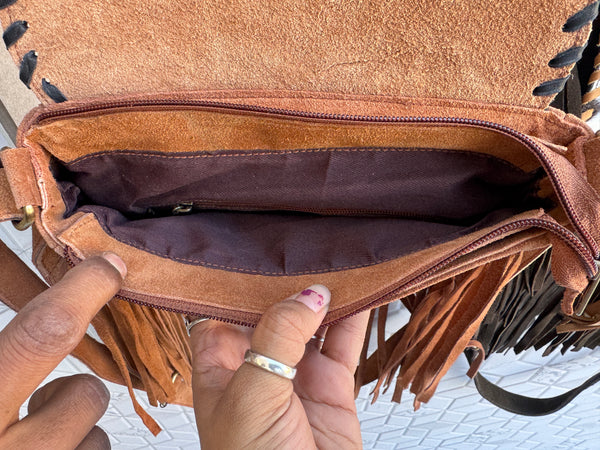 Suede Leather Fringe Handbag Western Hair On Hide Cross Body Gems Stone Women Sling Purse