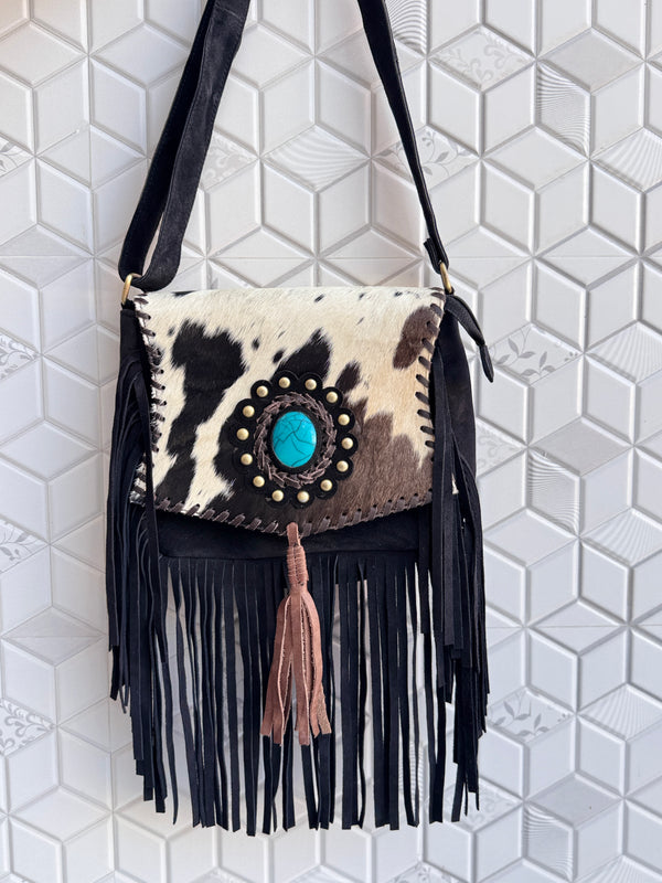 Suede Leather Fringe Handbag Western Hair On Hide Cross Body Gems Stone Women Sling Purse