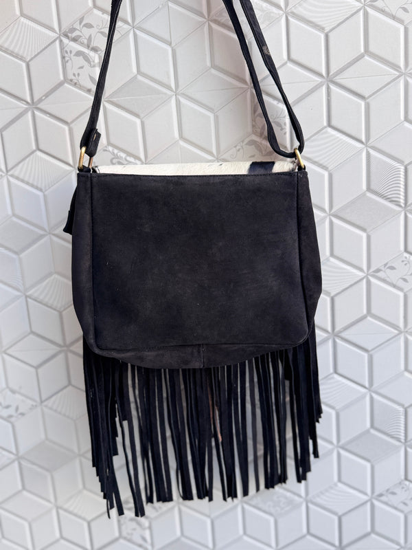Suede Leather Fringe Handbag Western Hair On Hide Cross Body Gems Stone Women Sling Purse