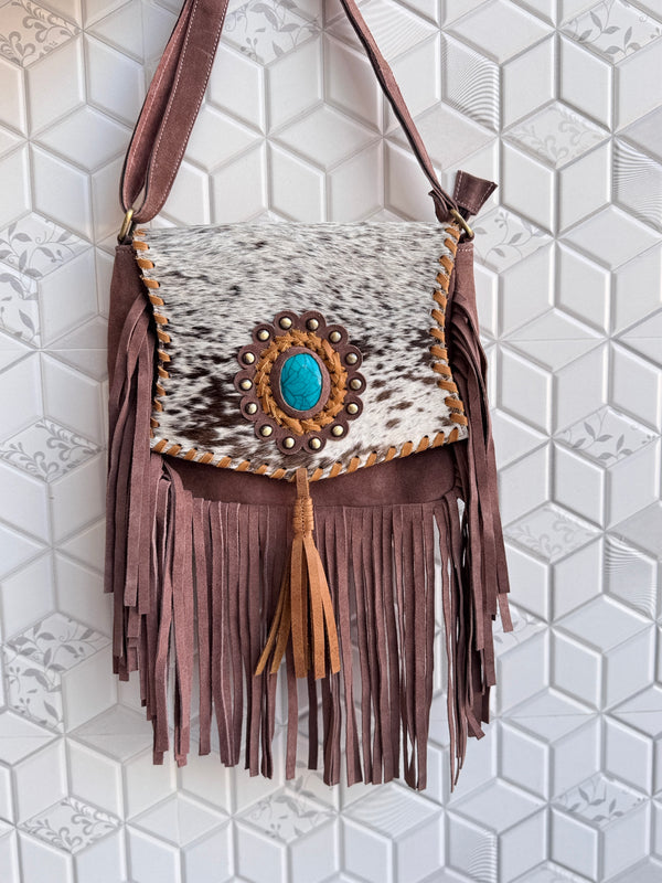 Suede Leather Fringe Handbag Western Hair On Hide Cross Body Gems Stone Women Sling Purse