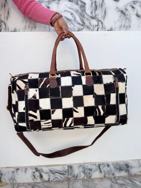 Real Cowhide Leather Luggage Bags Checks Design Handmade Bag Unisex Travel Bag