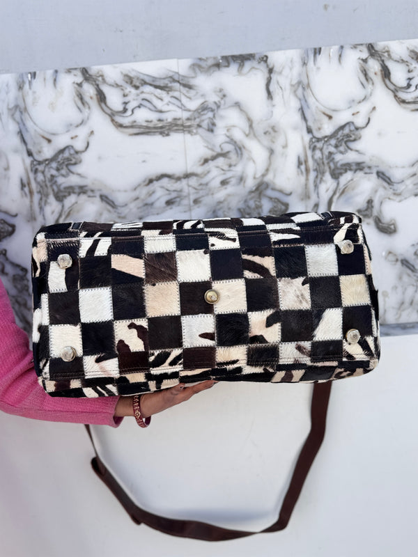 Real Cowhide Leather Luggage Bags Checks Design Handmade Bag Unisex Travel Bag