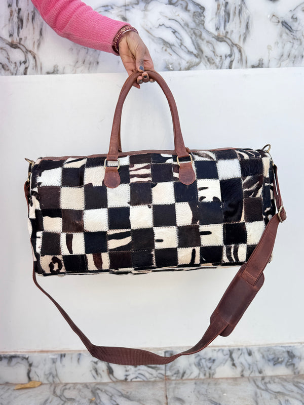 Real Cowhide Leather Luggage Bags Checks Design Handmade Bag Unisex Travel Bag