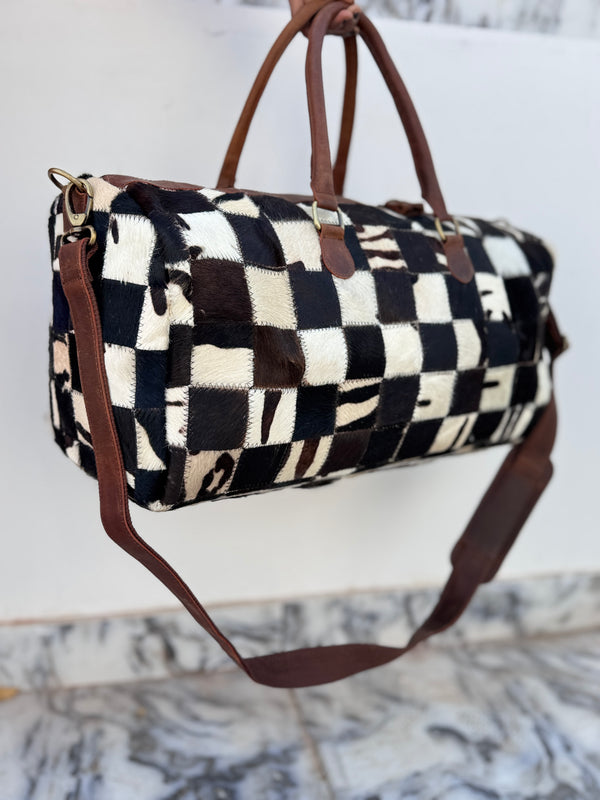 Real Cowhide Leather Luggage Bags Checks Design Handmade Bag Unisex Travel Bag
