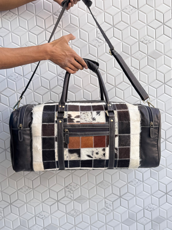 Western Pattern Cowhide Leather Luggage Bags Checks Design Handmade Bag Unisex Travel Duffel Bag