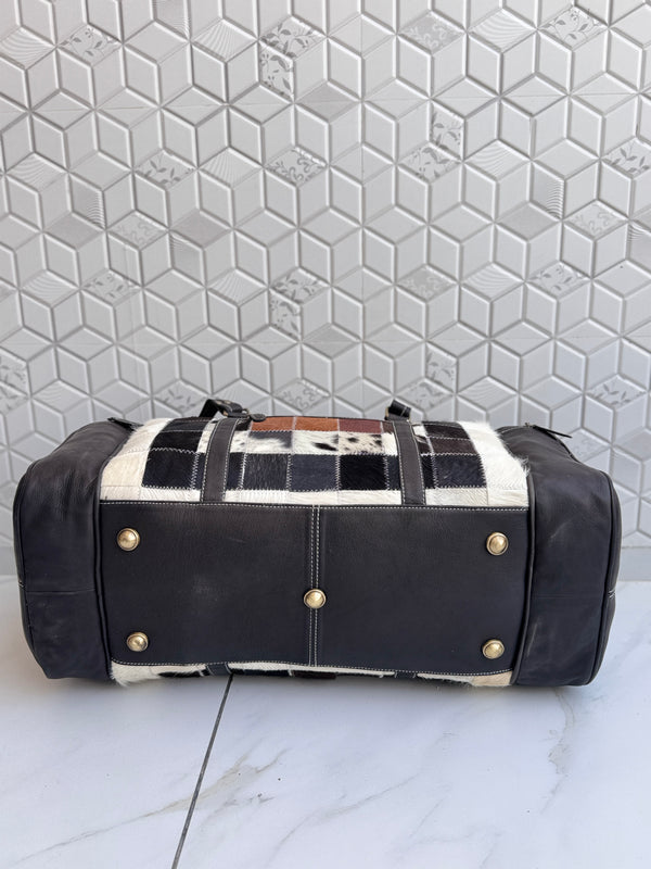 Western Pattern Cowhide Leather Luggage Bags Checks Design Handmade Bag Unisex Travel Duffel Bag