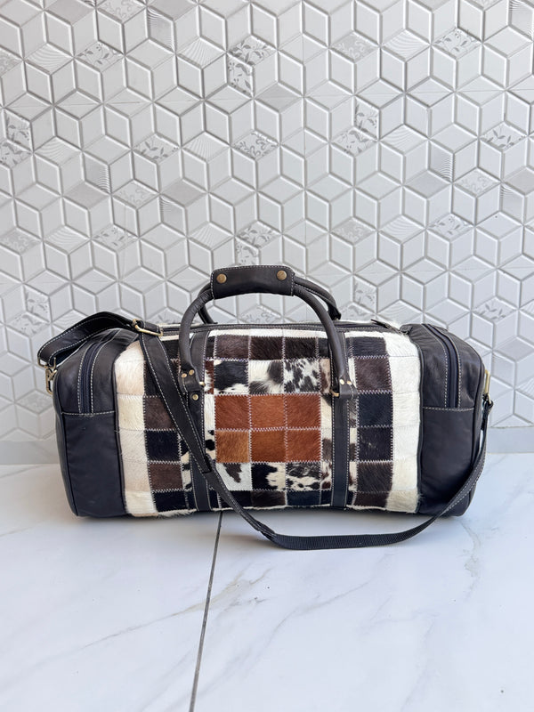 Western Pattern Cowhide Leather Luggage Bags Checks Design Handmade Bag Unisex Travel Duffel Bag
