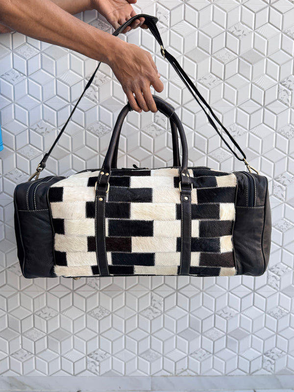 Cowhide Leather Luggage Bags Checks Design Handmade Bag Unisex Travel Duffel Bag