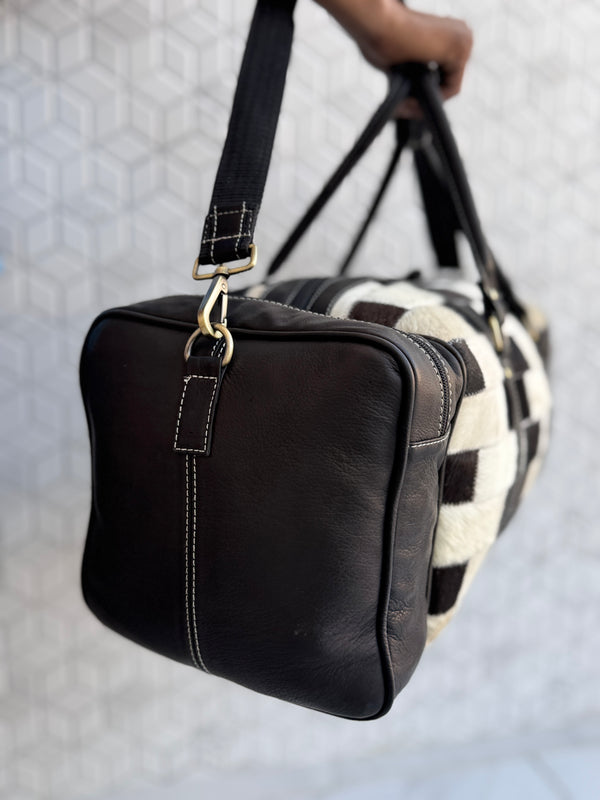 Cowhide Leather Luggage Bags Checks Design Handmade Bag Unisex Travel Duffel Bag