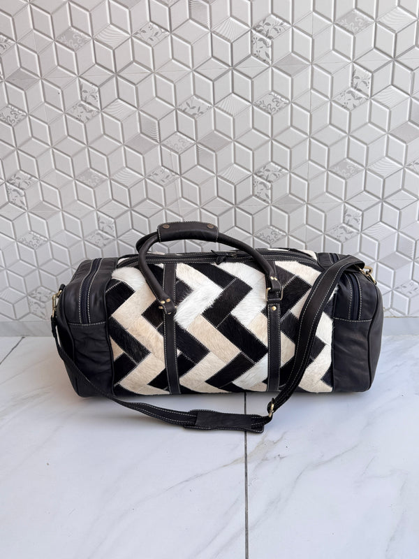 Cowhide Leather Luggage Bags Checks Design Handmade Bag Unisex TravelDuffel Bag