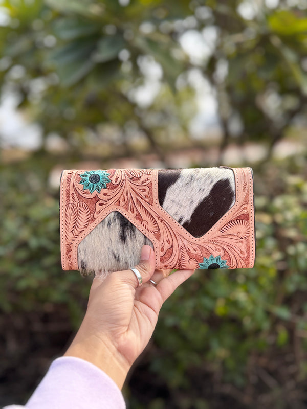 Real Cowhide Fur Leather Clutch Hand Tooled Carving Turquoise Colour Leather Credit Cards Cash Wallet Gifts