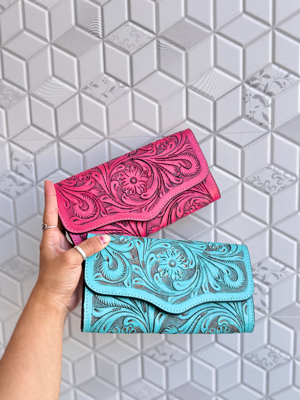 Carving Hand Tooled Leather Clutch Phone Case Stylish Real Leather Women's Clutch