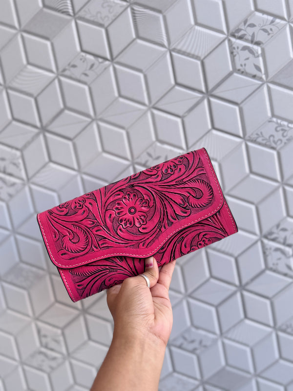 Carving Hand Tooled Leather Clutch Phone Case Stylish Real Leather Women's Clutch