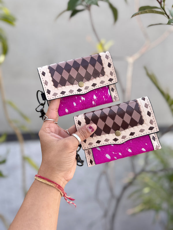 Hair on Hide Metallic Leather New Hand Tooled Checks Design Small Coin Purse Mini Wallet for Women
