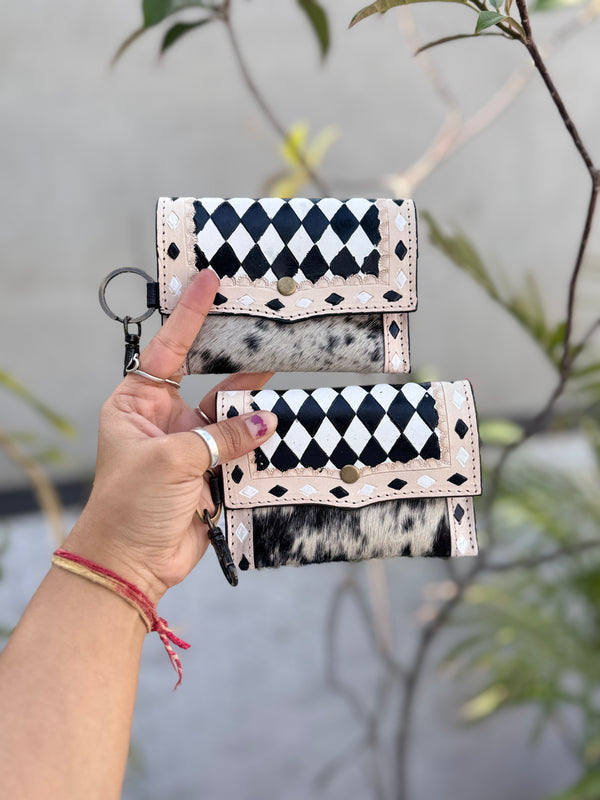 Hair on Hide Metallic Leather New Hand Tooled Checks Design Small Coin Purse Mini Wallet for Women