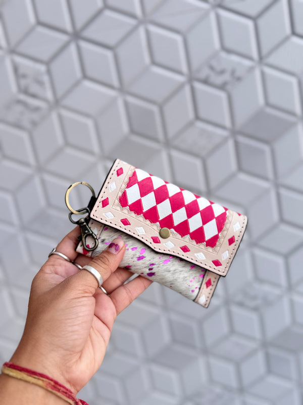 Hair on Hide Metallic Leather New Hand Tooled Checks Design Small Coin Purse Mini Wallet for Women