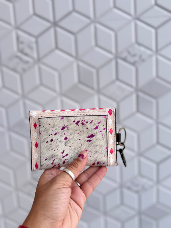Hair on Hide Metallic Leather New Hand Tooled Checks Design Small Coin Purse Mini Wallet for Women