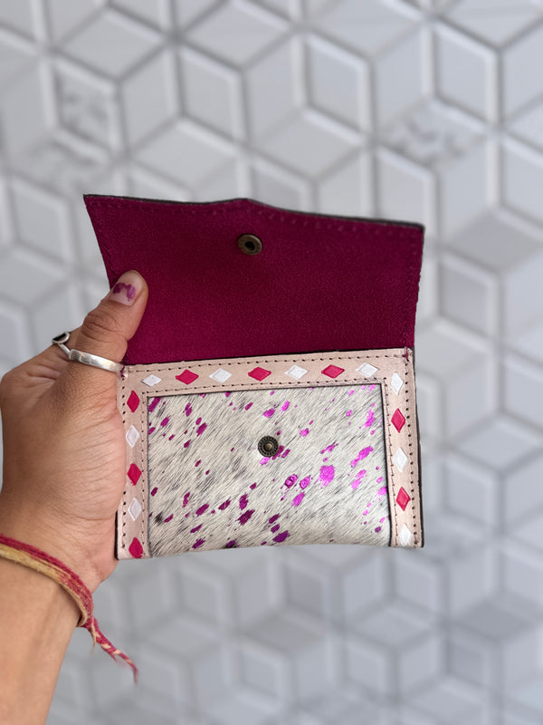 Hair on Hide Metallic Leather New Hand Tooled Checks Design Small Coin Purse Mini Wallet for Women