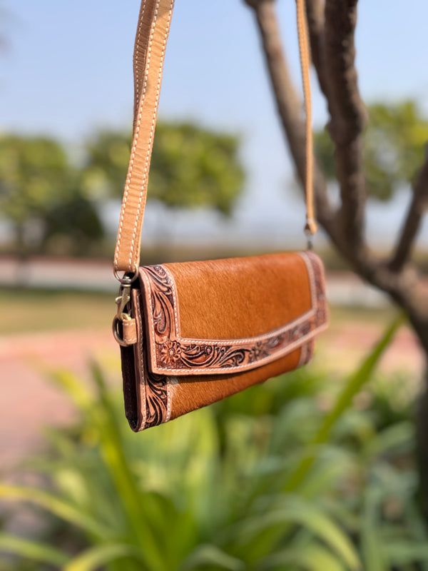 Hand Tooled Carving Clutch Cowhide Hair on Hide Fur Wallet Stylish Clutch Waterproof Multi-Use