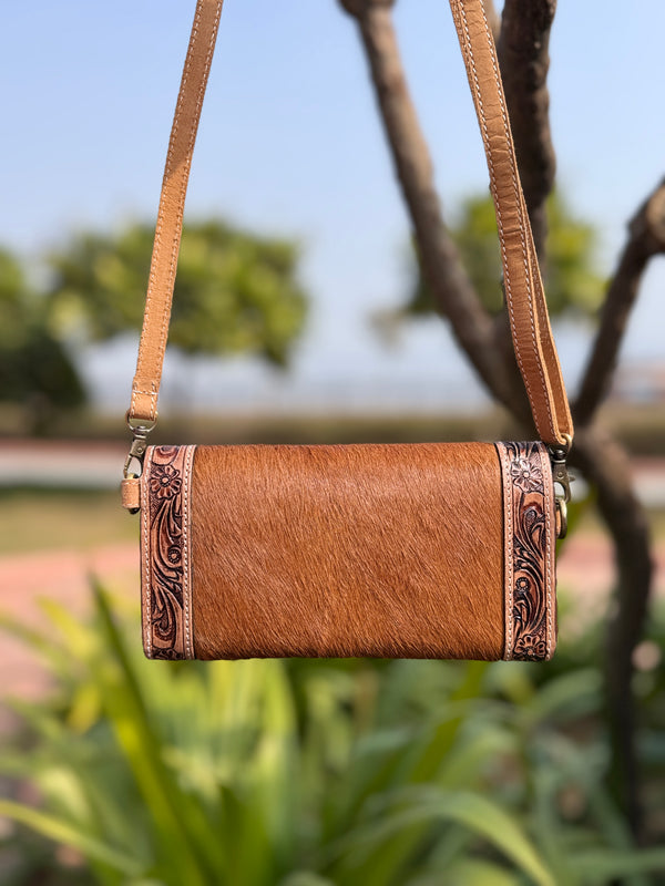 Hand Tooled Carving Clutch Cowhide Hair on Hide Fur Wallet Stylish Clutch Waterproof Multi-Use