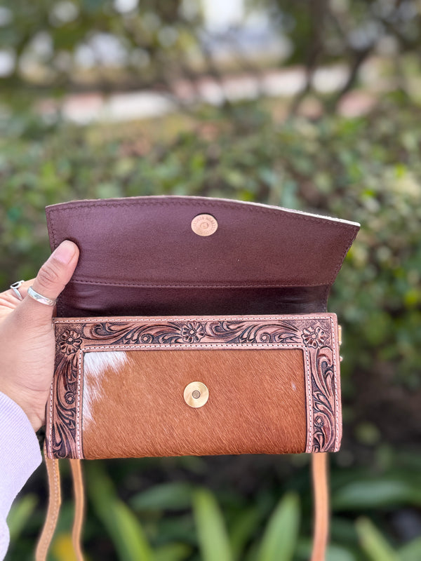 Hand Tooled Carving Clutch Cowhide Hair on Hide Fur Wallet Stylish Clutch Waterproof Multi-Use