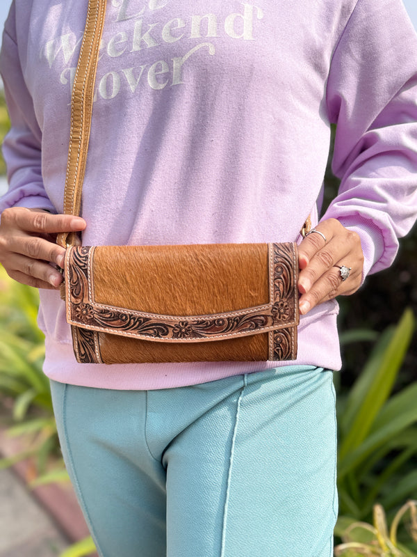 Hand Tooled Carving Clutch Cowhide Hair on Hide Fur Wallet Stylish Clutch Waterproof Multi-Use