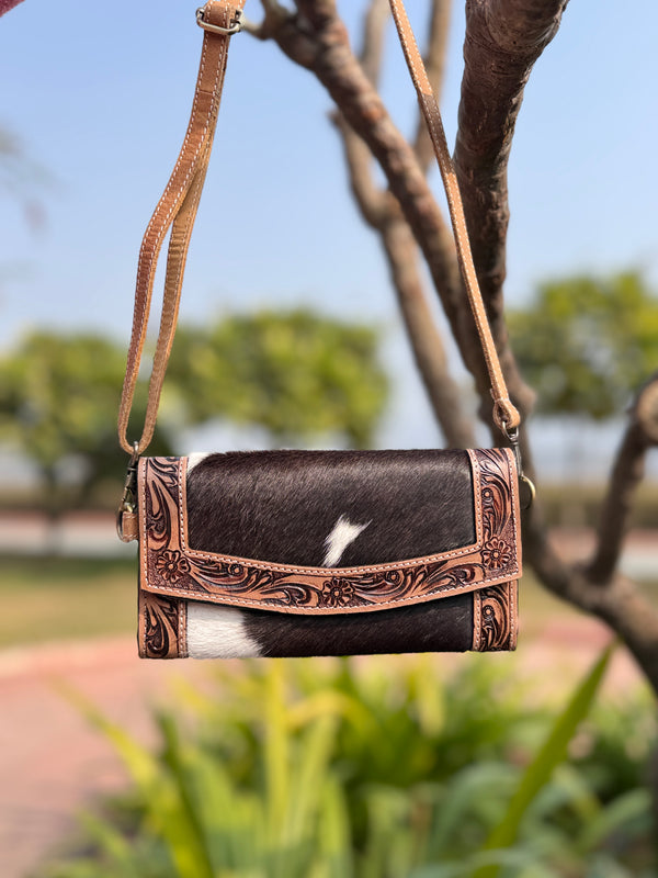 Hand Tooled Carving Clutch Cowhide Hair on Hide Fur Wallet Stylish Clutch Waterproof Multi-Use