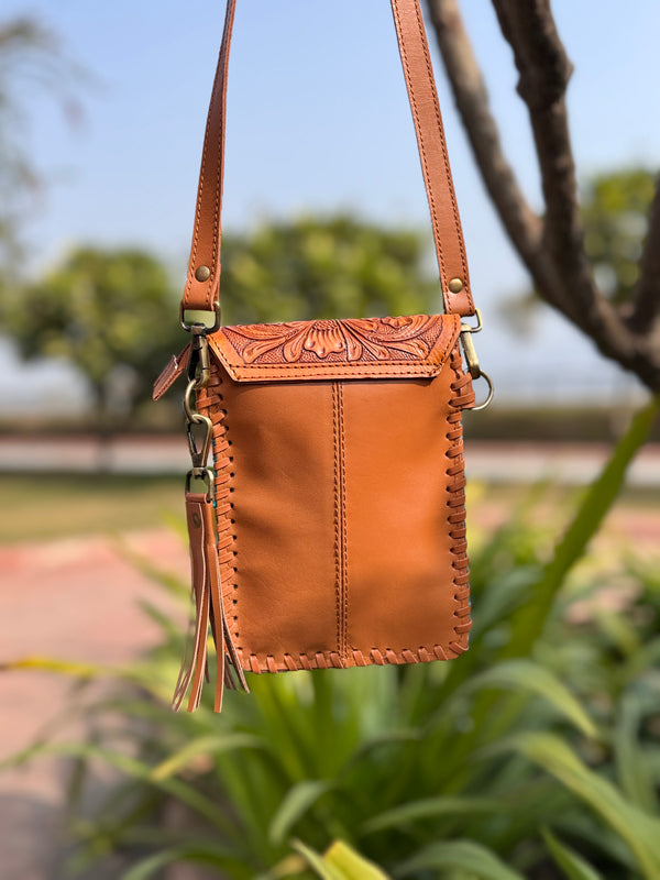 Real Leather Aztec Saddle Blanket Phone Purse Hand Tooled Leather Women Sling Phone Purse