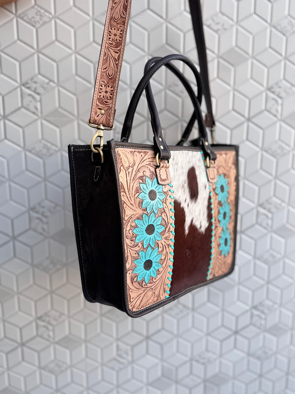 Carving Hand Tooled Tote Bags Hair On Hide Shoulder Handbag for Women's