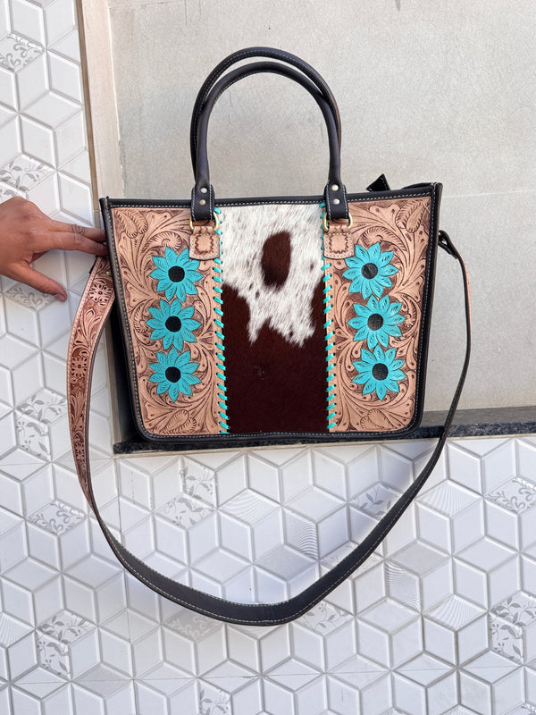 Carving Hand Tooled Tote Bags Hair On Hide Shoulder Handbag for Women's