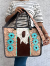 Carving Hand Tooled Tote Bags Hair On Hide Shoulder Handbag for Women's