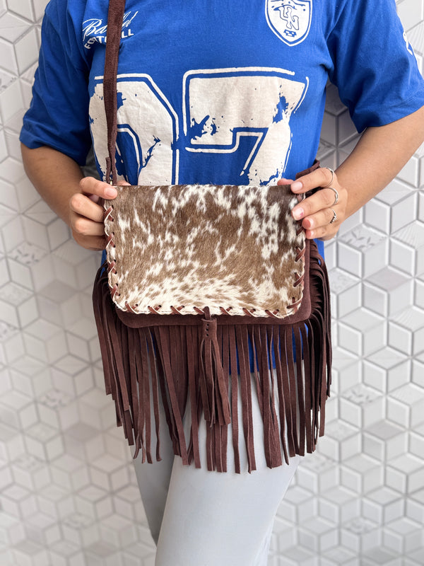 Suede Leather Fringe Handbag Western Hair On Hide Cross Body Women Sling Purse