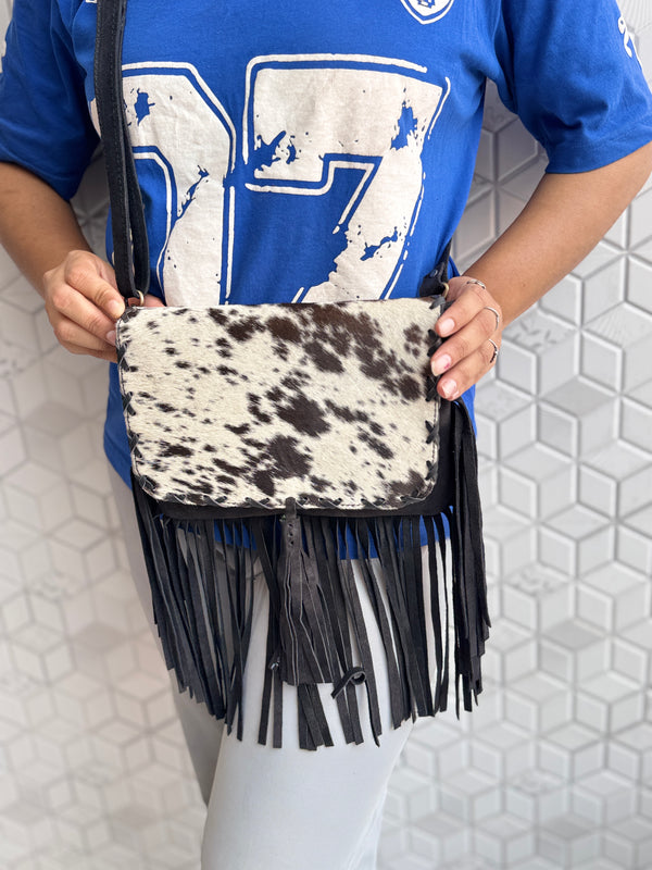 Suede Leather Fringe Handbag Western Hair On Hide Cross Body Women Sling Purse
