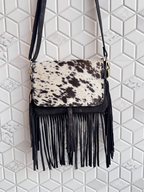 Suede Leather Fringe Handbag Western Hair On Hide Cross Body Women Sling Purse