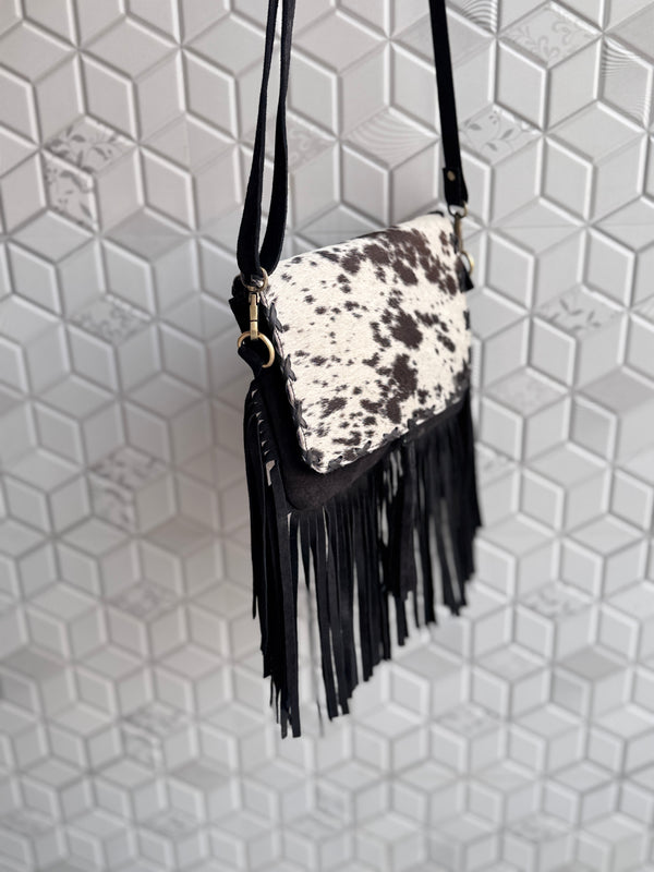 Suede Leather Fringe Handbag Western Hair On Hide Cross Body Women Sling Purse