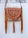 Hand Tooled Carving Leather Handbag Hair On Hide Fur Leather Handmade Purse for Women's