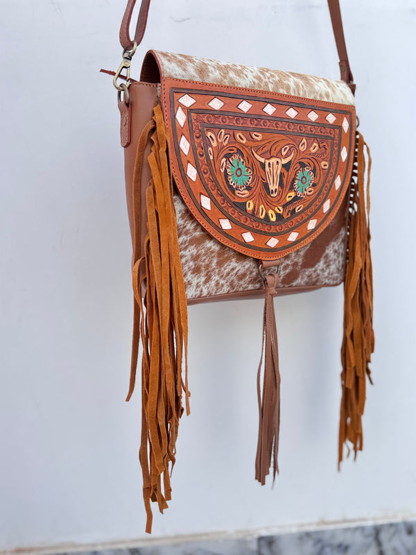 Hand Tooled Carving Leather Handbag Hair On Hide Fur Leather Handmade Purse for Women's
