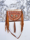 Hand Tooled Carving Leather Handbag Hair On Hide Fur Leather Handmade Purse for Women's