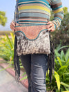 Western Patterned Cowhide Fur Leather Designer Hand Tooled Carving Fringe Handbag