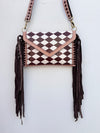 Hand Tooled Leather Fringe Bag Gypsy Boho Handmade Western Stylish Checker Pattern Bags