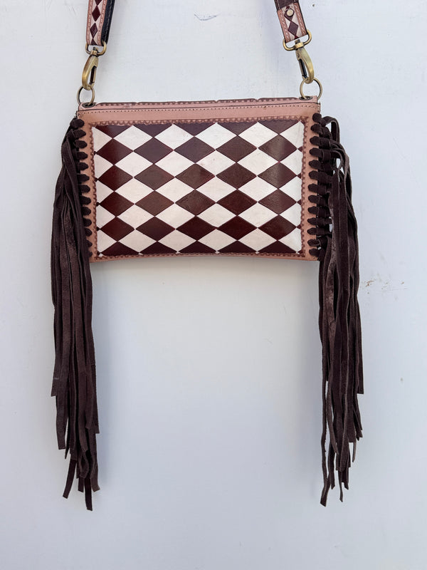 Hand Tooled Leather Fringe Bag Gypsy Boho Handmade Western Stylish Checker Pattern Bags