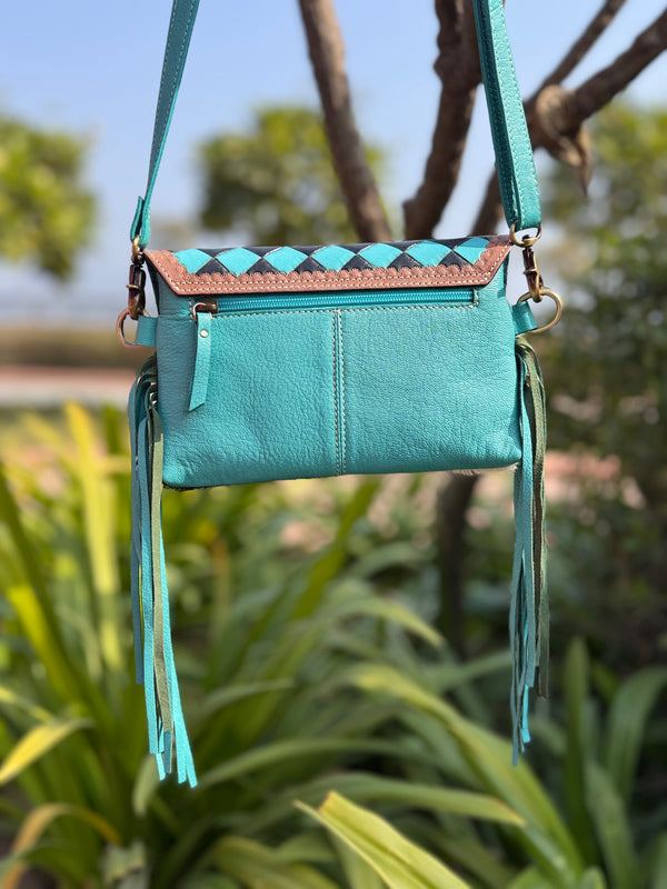 Hand Tooled Leather Fringe Bag Gypsy Cowhide Fur Checker Print Turquoise Colour Hand Bag
