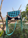 Hand Tooled Leather Fringe Bag Gypsy Cowhide Fur Checker Print Turquoise Colour Hand Bag