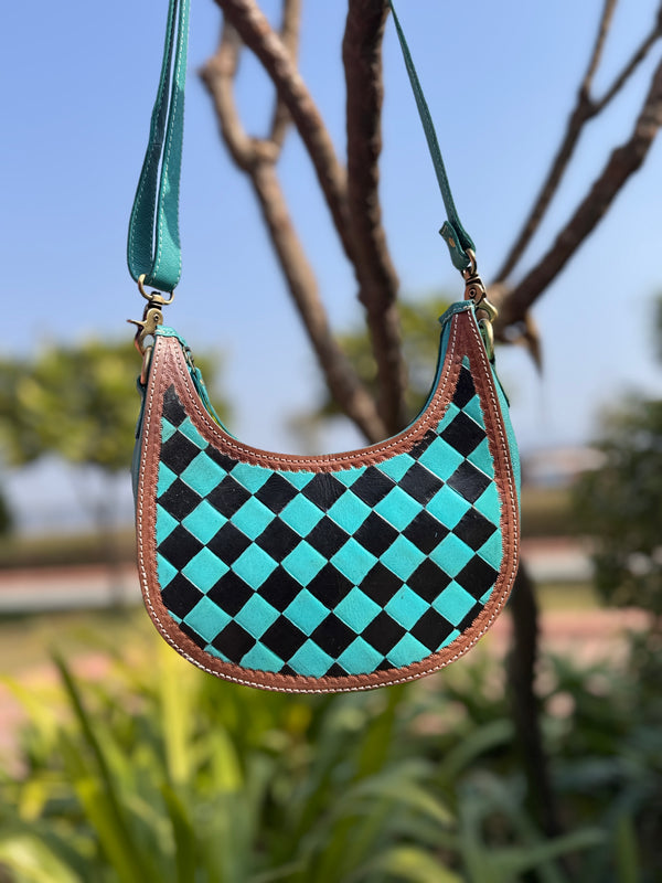 Hand Tooled Carving Leather Sling Bag Gypsy Shoulder Turquoise Colour Checker Design Bags