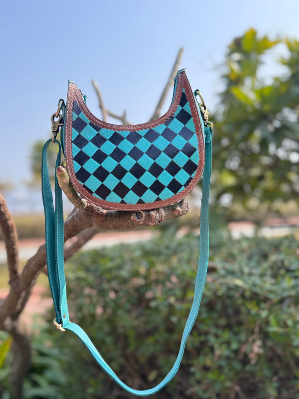 Hand Tooled Carving Leather Sling Bag Gypsy Shoulder Turquoise Colour Checker Design Bags