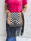 High Quality Fringe Handbag Hand Tooled Carving Leather Bag Gypsy Boho Checkers Handmade Real Leather Western Bag