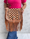 High Quality Fringe Handbag Hand Tooled Carving Leather Bag Gypsy Boho Checkers Handmade Real Leather Western Bag