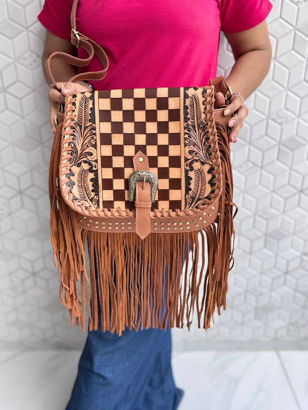 High Quality Fringe Handbag Hand Tooled Carving Leather Bag Gypsy Boho Checkers Handmade Real Leather Western Bag