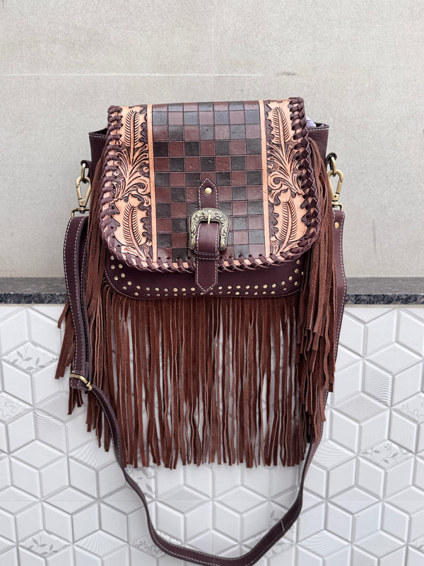 High Quality Fringe Handbag Hand Tooled Carving Leather Bag Gypsy Boho Checkers Handmade Real Leather Western Bag